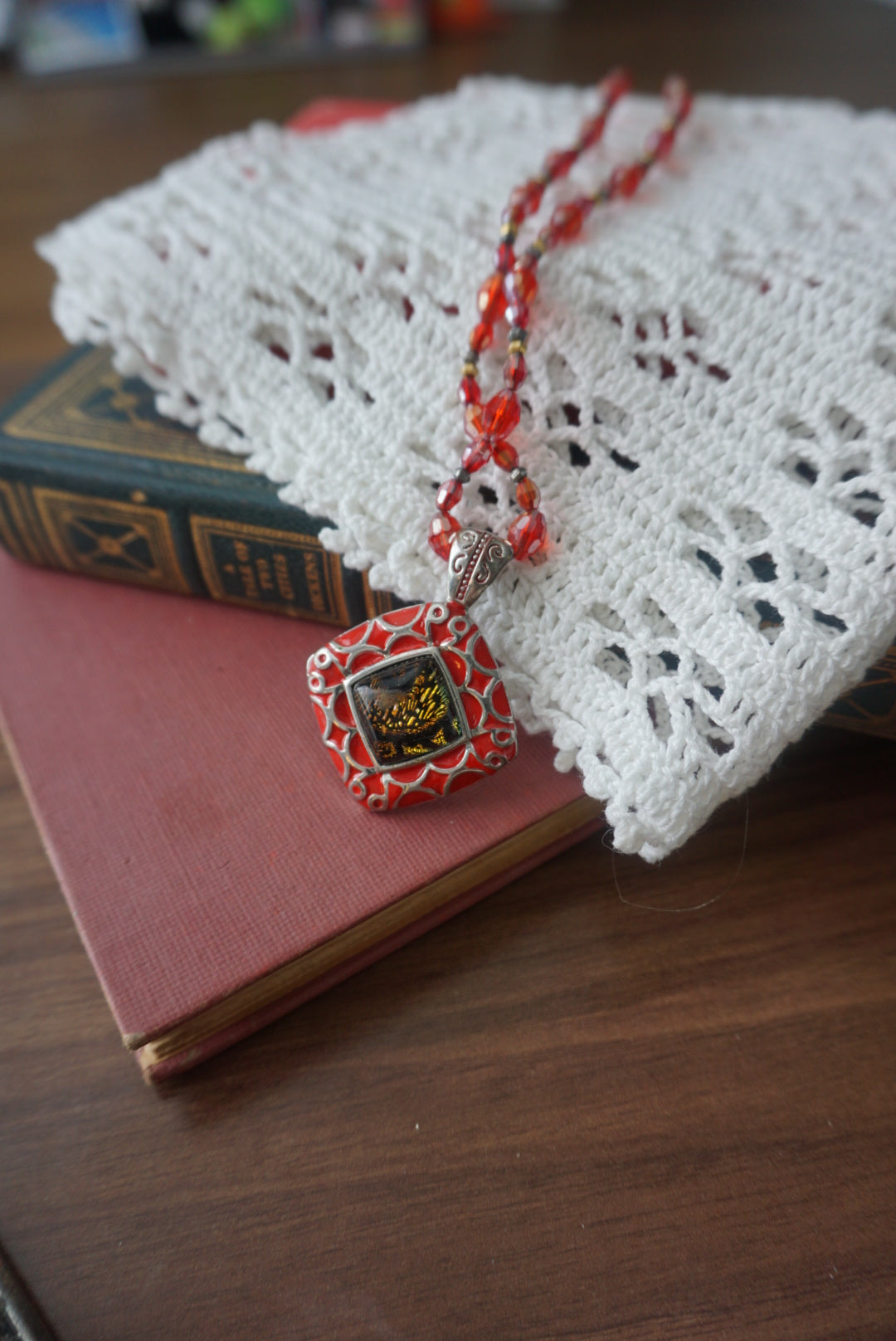 Red Beaded Pendant Necklace