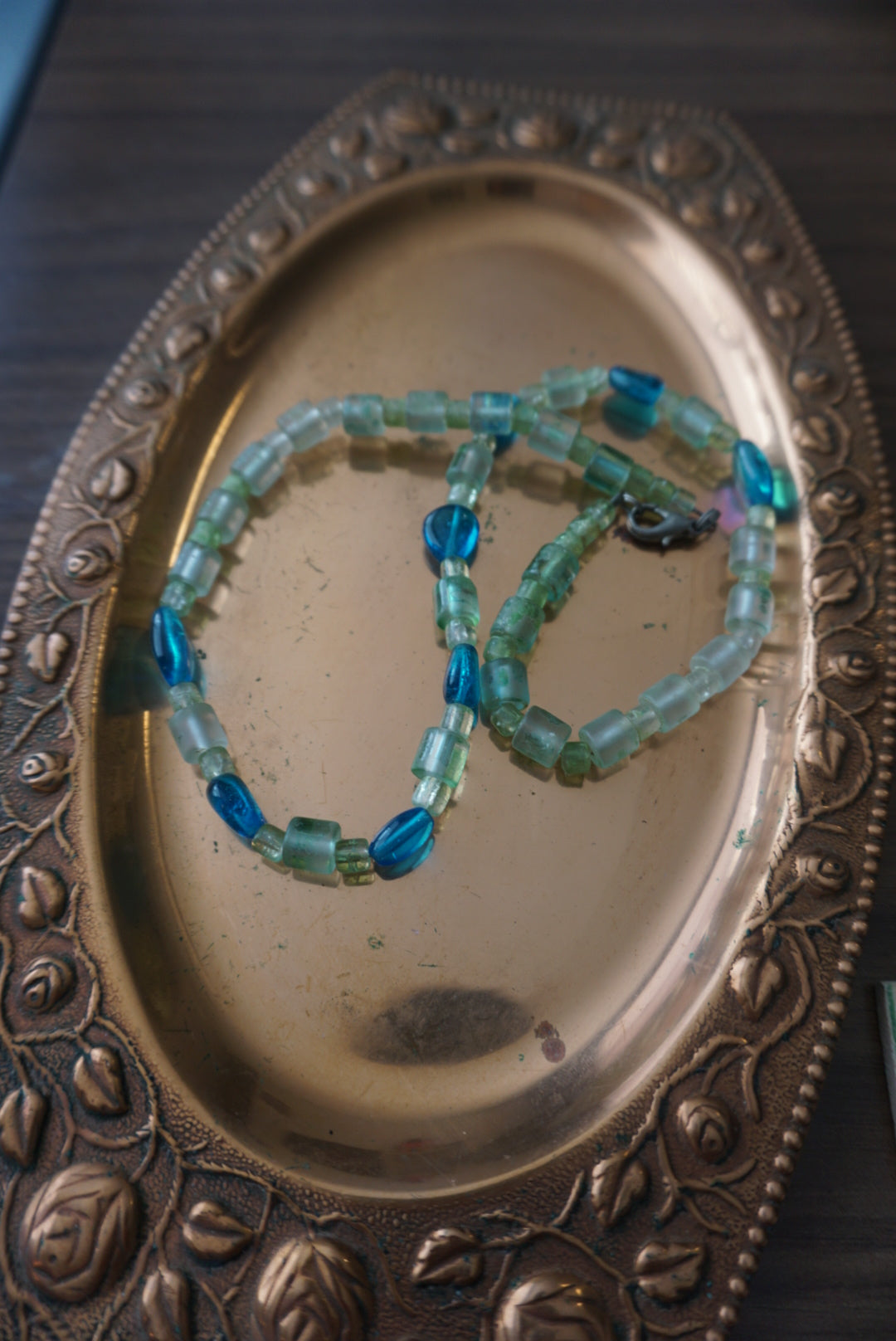Handmade Beaded Necklace with Aqua and Green Accents