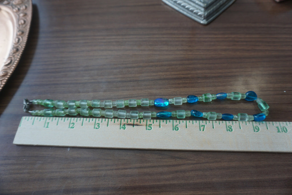Handmade Beaded Necklace with Aqua and Green Accents