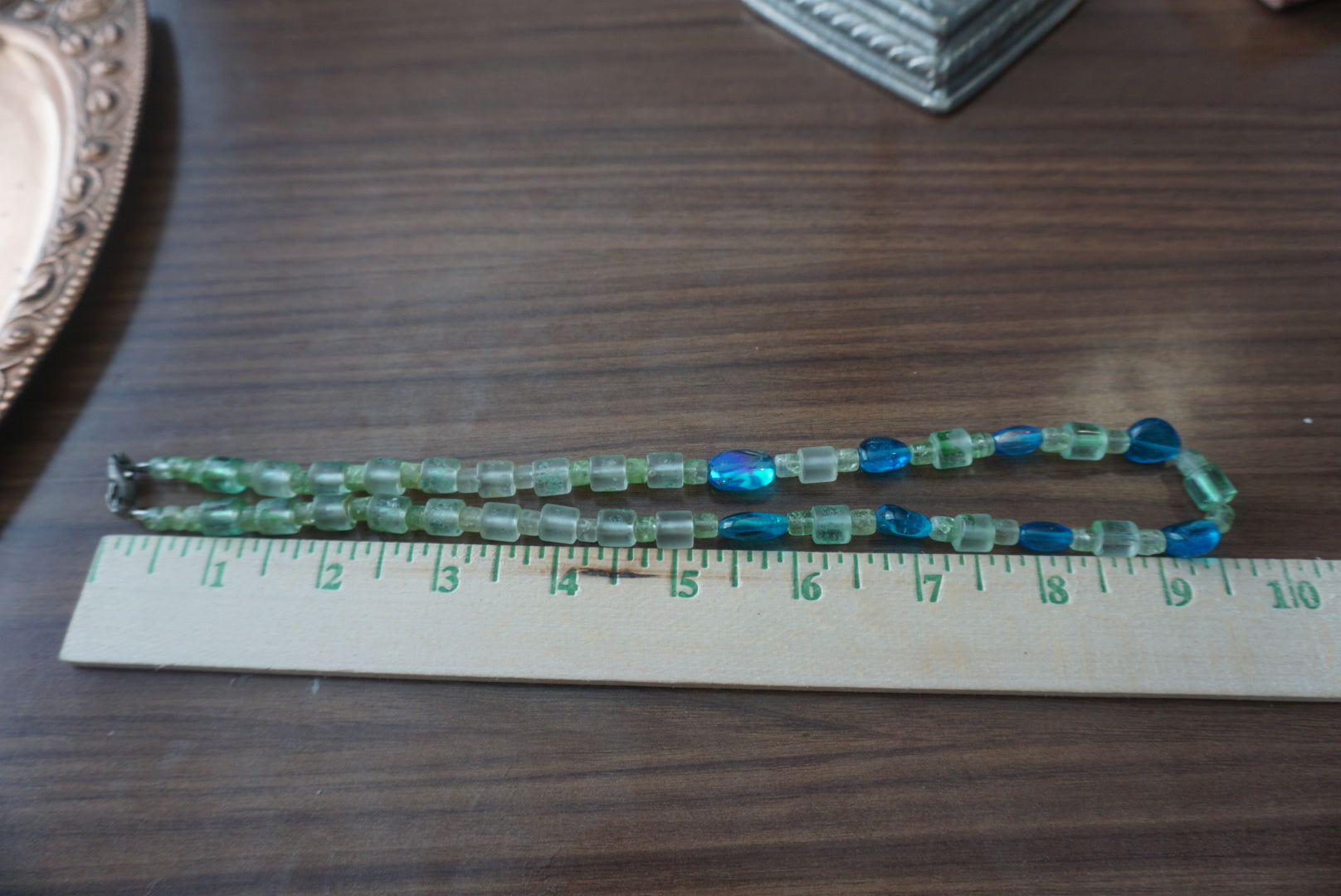 Handmade Beaded Necklace with Aqua and Green Accents