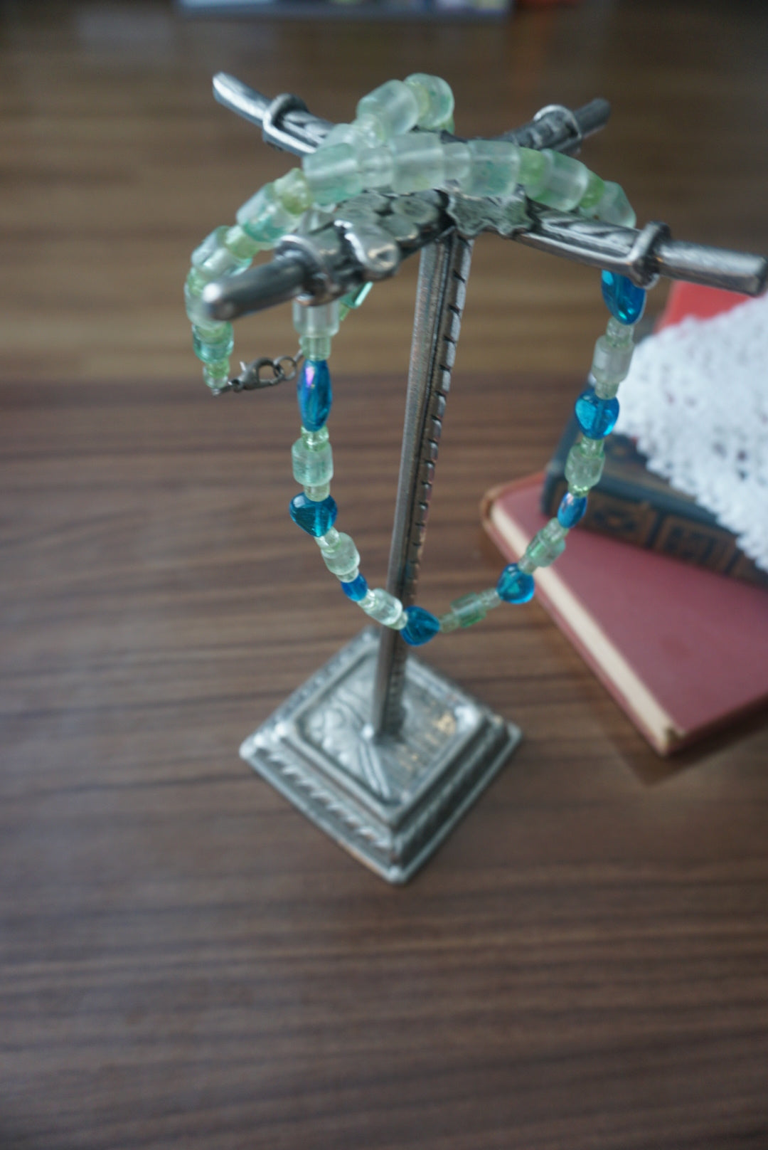 Handmade Beaded Necklace with Aqua and Green Accents