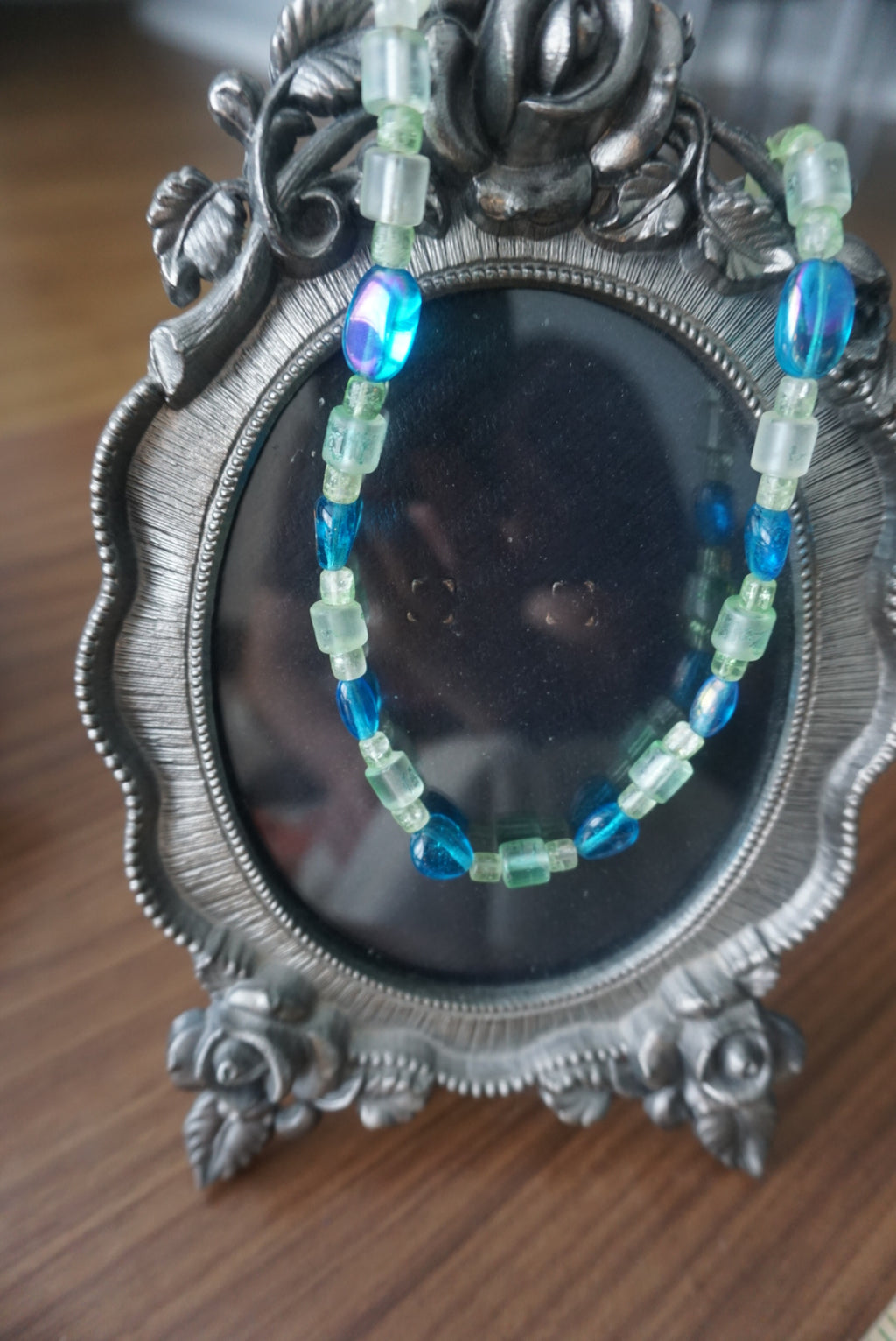 Handmade Beaded Necklace with Aqua and Green Accents