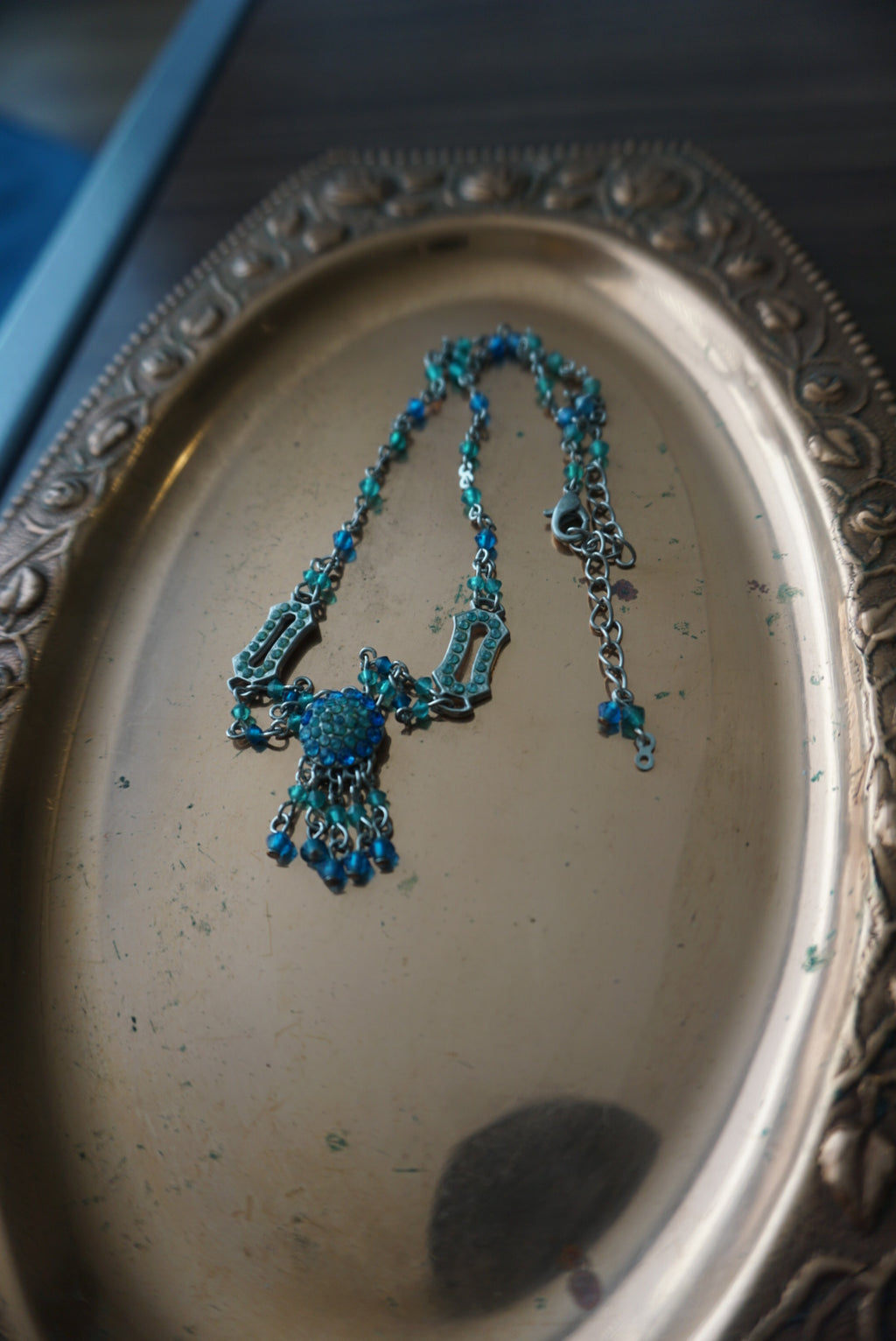 Blue Beaded Necklace with Floral Pendant