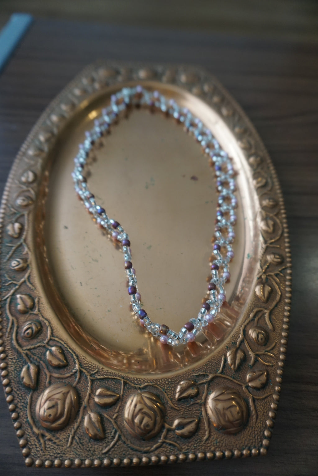 Beaded Necklace with Silver and Pink Accents