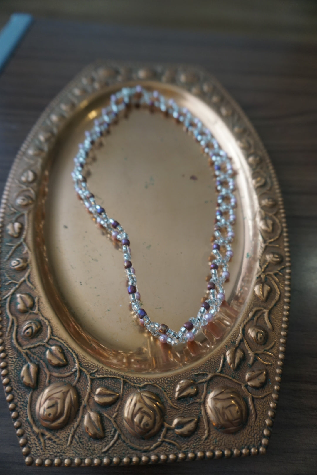 Beaded Necklace with Silver and Pink Accents