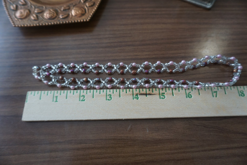 Beaded Necklace with Silver and Pink Accents