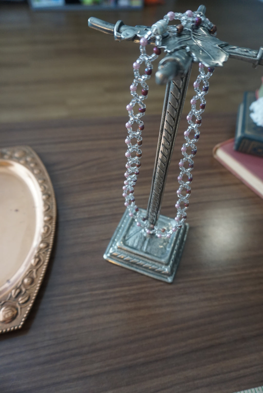 Beaded Necklace with Silver and Pink Accents