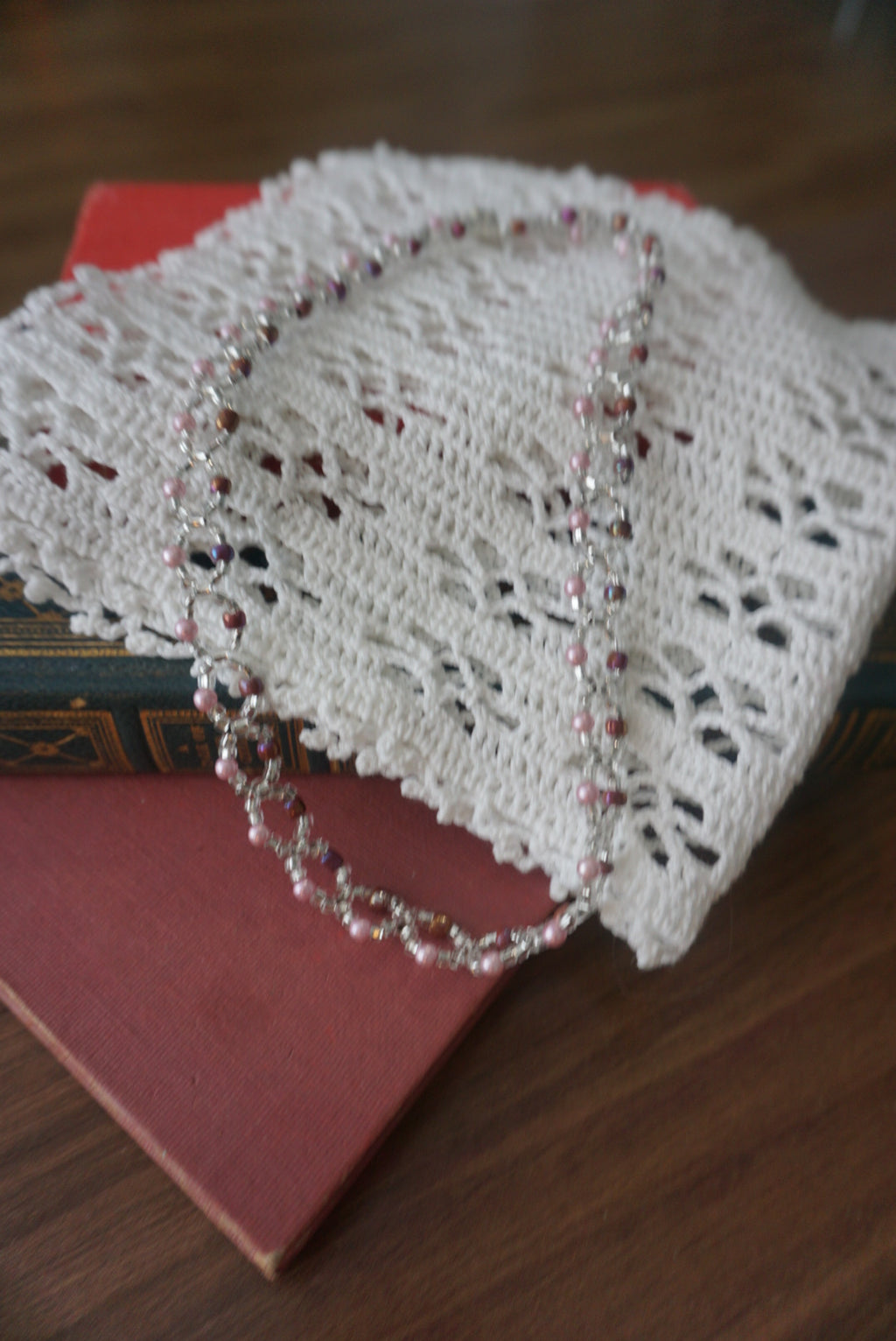 Beaded Necklace with Silver and Pink Accents
