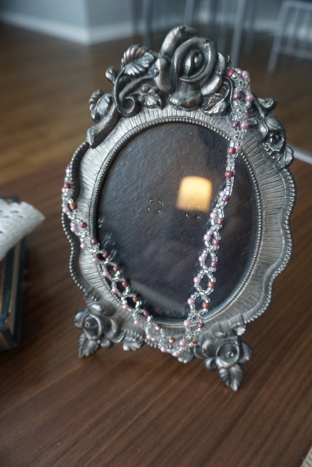 Beaded Necklace with Silver and Pink Accents