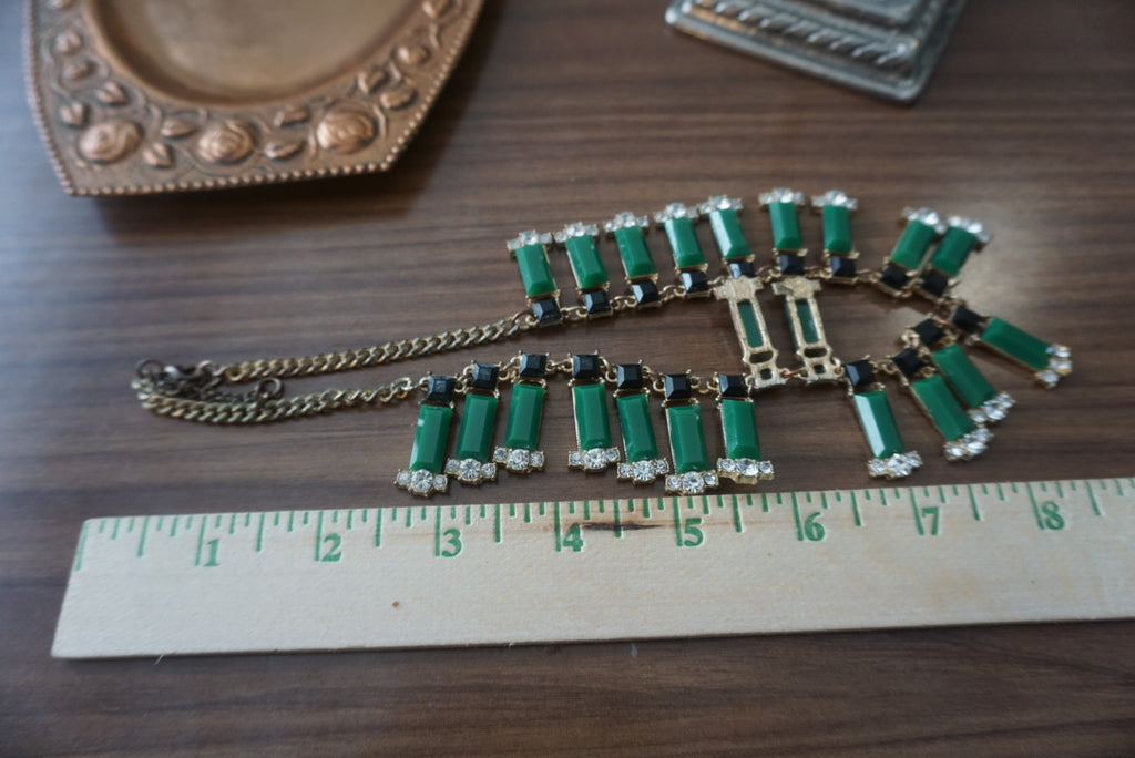 Vintage Egyptian Collar baublebar faux jade / emerald/ gold green Rhinestone bib collar necklace