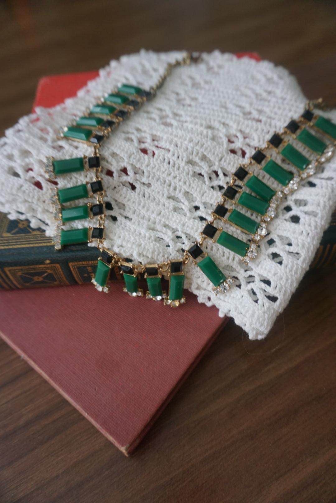 Vintage Egyptian Collar baublebar faux jade / emerald/ gold green Rhinestone bib collar necklace
