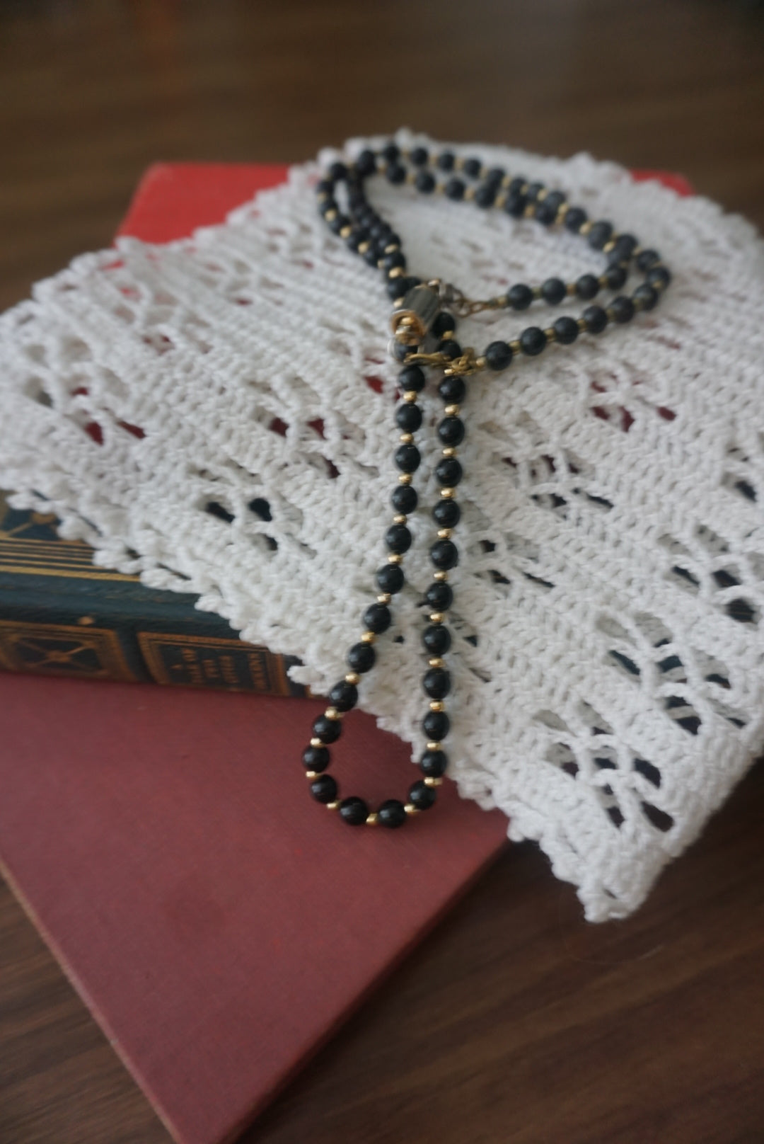 Black Beaded Necklace with Gold Accents