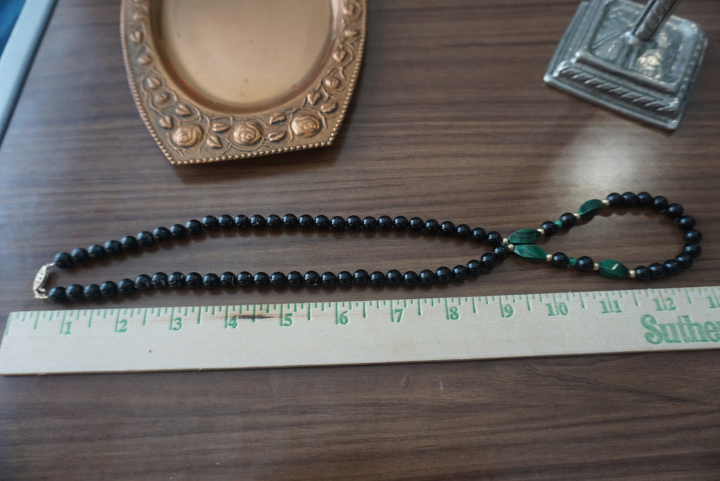 Black Beaded Necklace with Green Accents