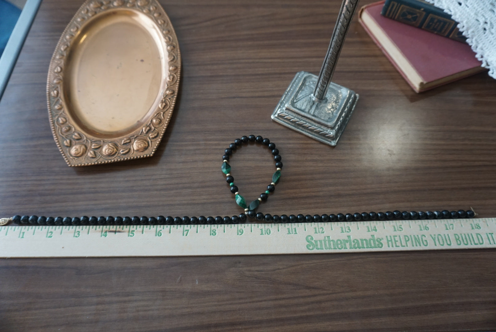 Black Beaded Necklace with Green Accents