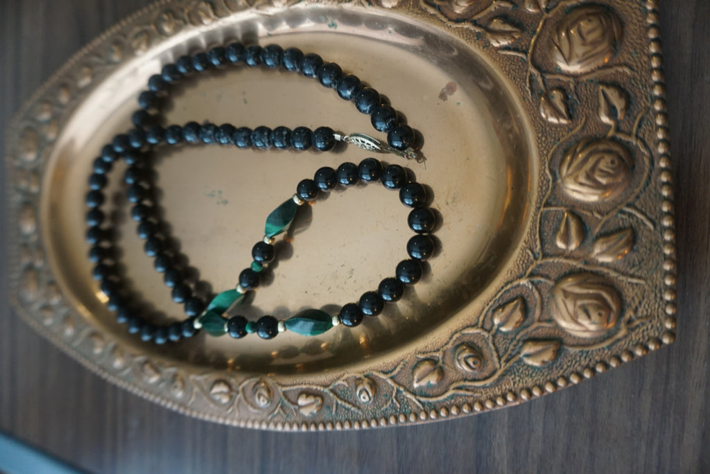 Black Beaded Necklace with Green Accents