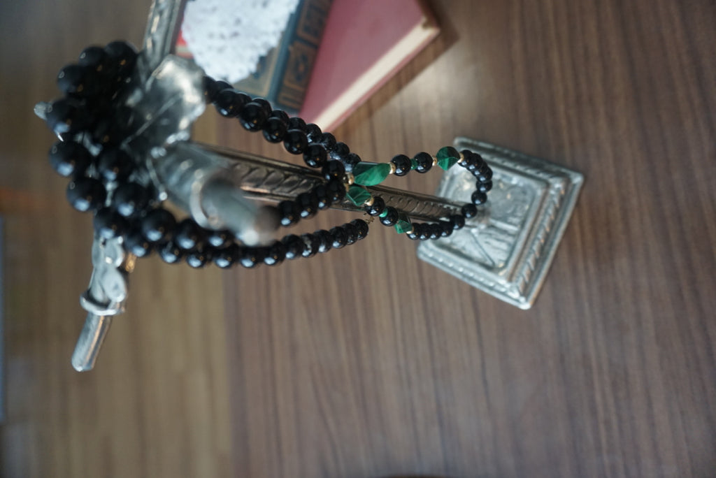 Black Beaded Necklace with Green Accents