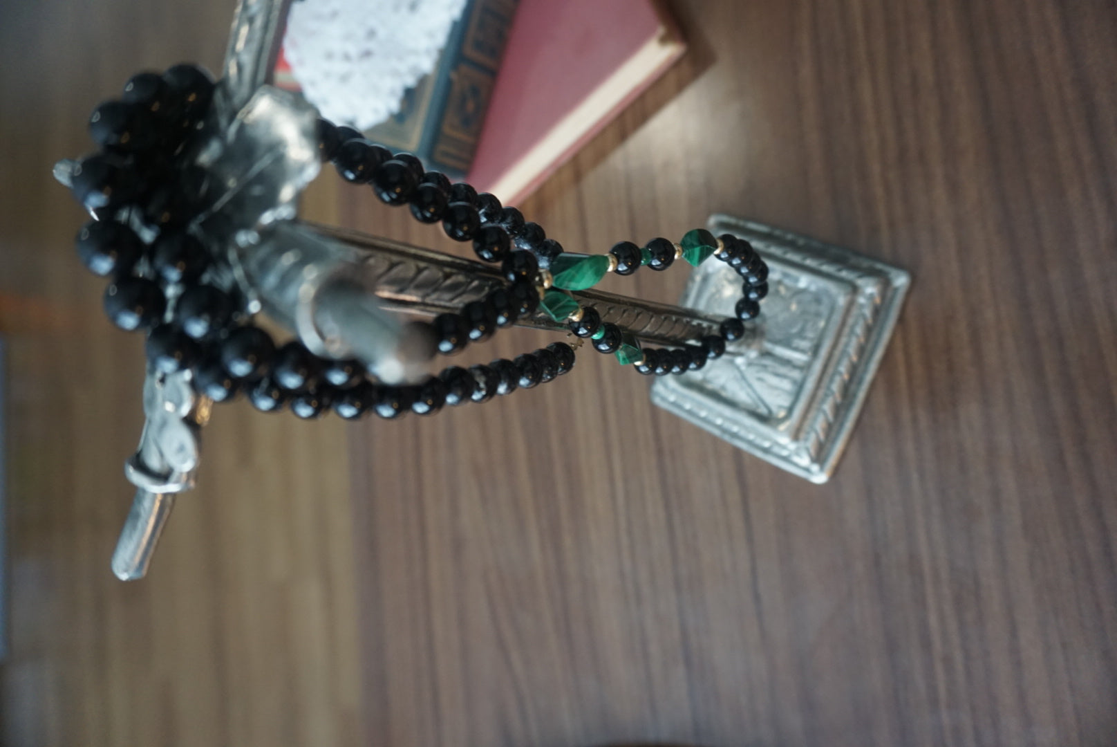 Black Beaded Necklace with Green Accents