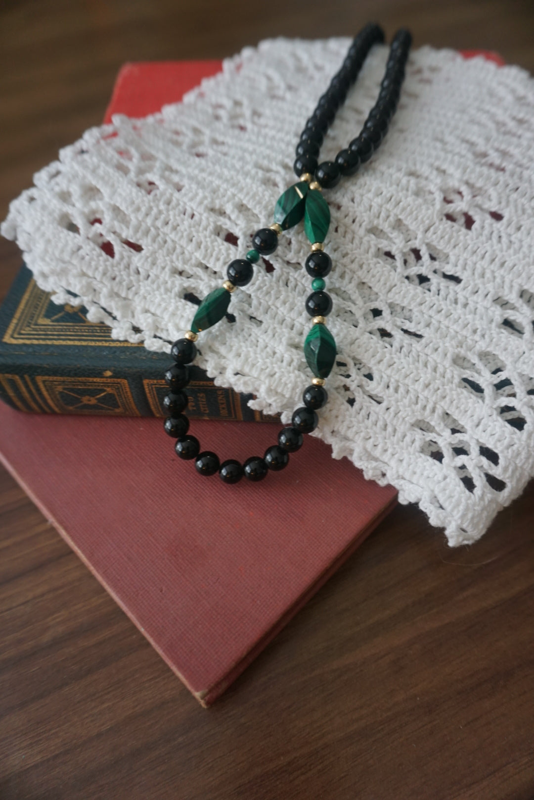 Black Beaded Necklace with Green Accents