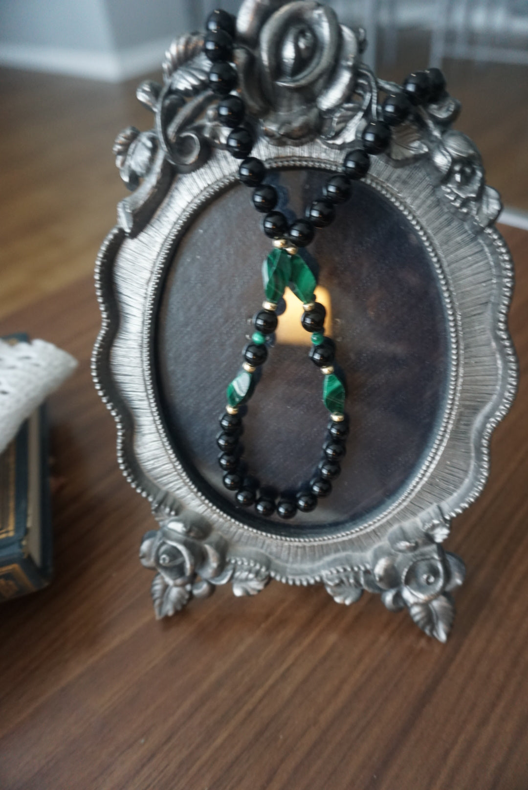 Black Beaded Necklace with Green Accents