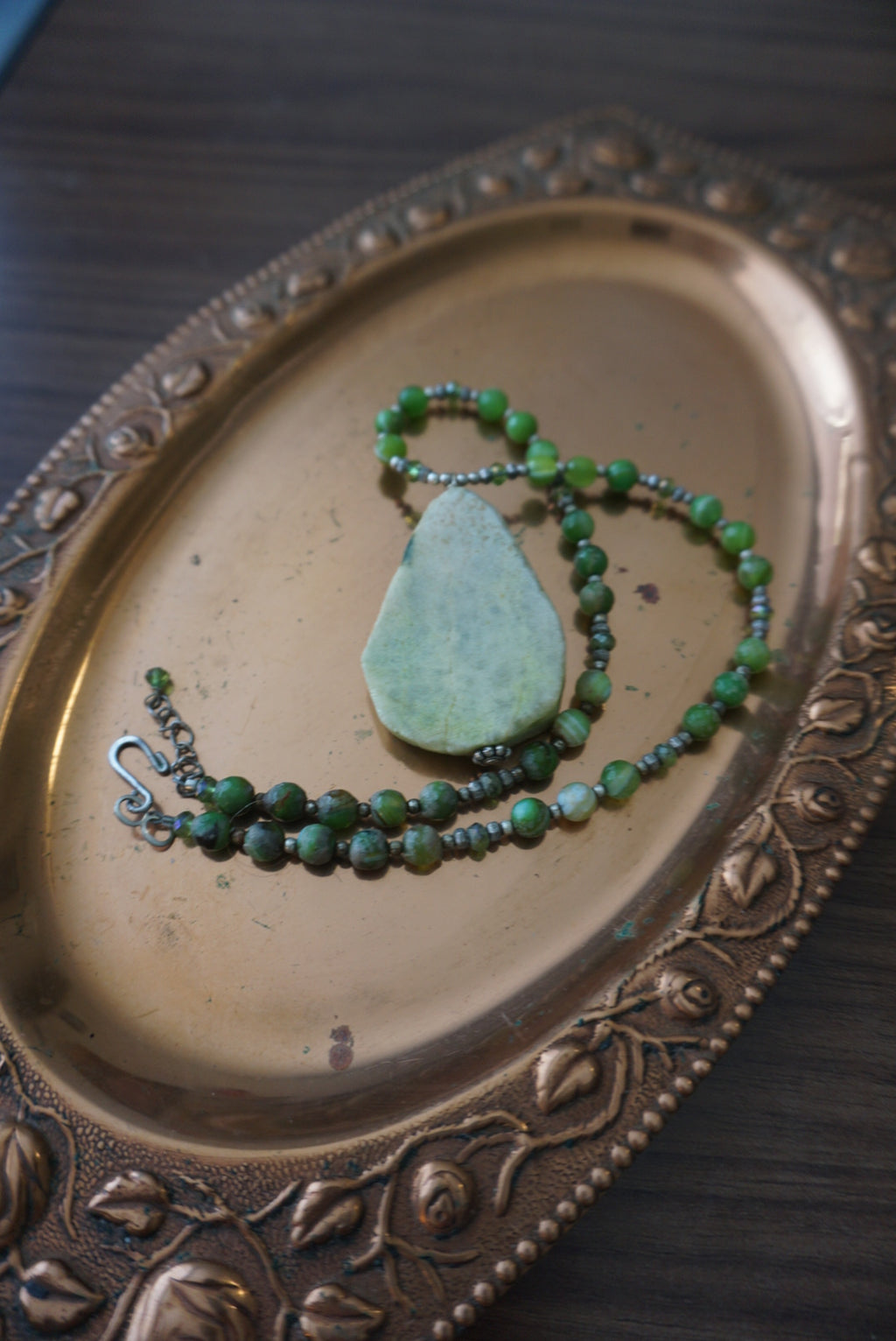 Green Beaded Necklace with Natural Stone