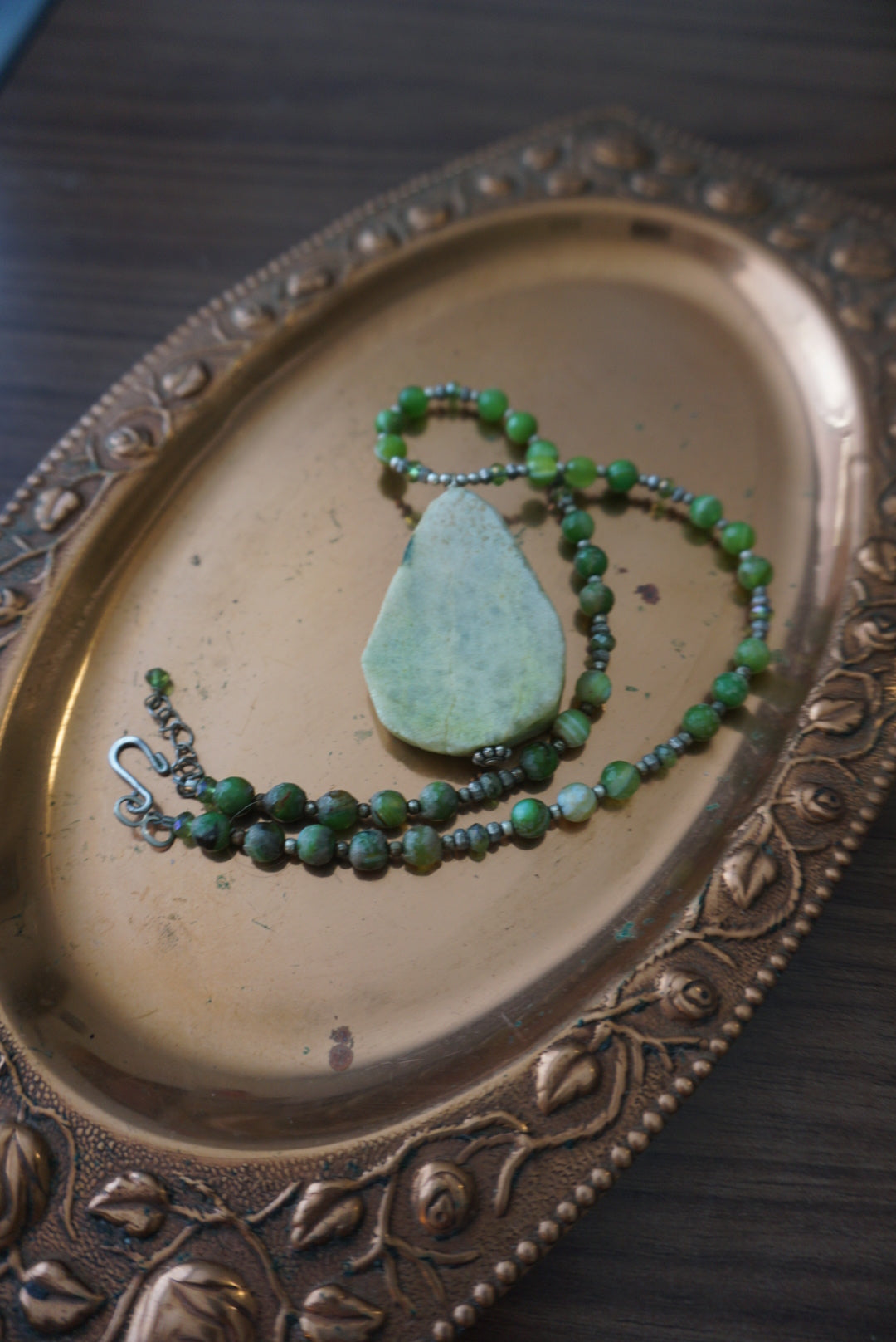 Green Beaded Necklace with Natural Stone