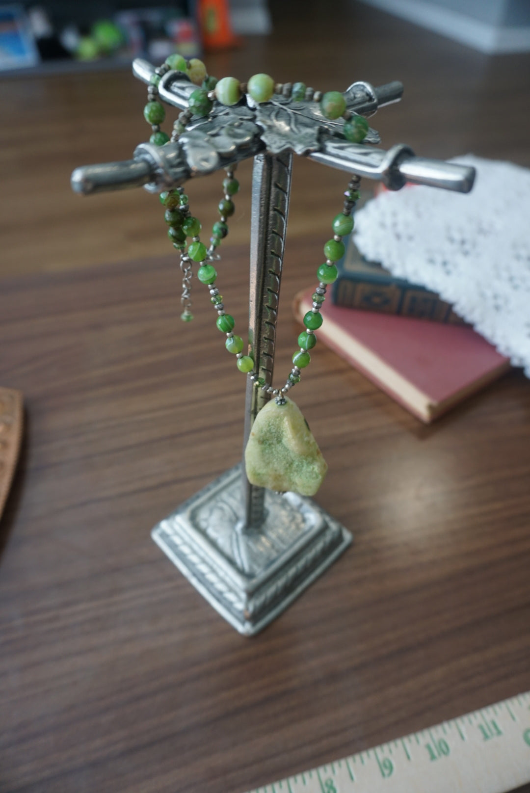 Green Beaded Necklace with Natural Stone