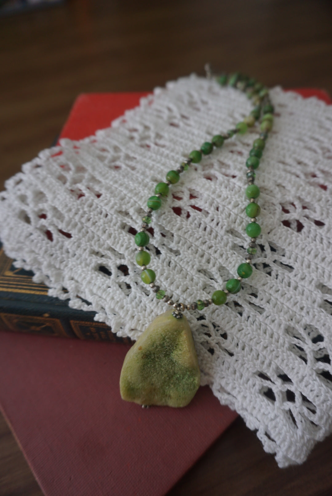Green Beaded Necklace with Natural Stone