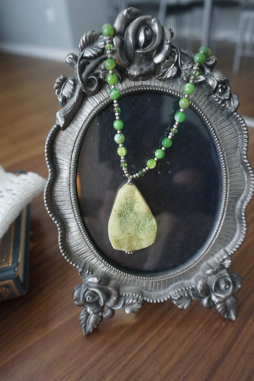 Green Beaded Necklace with Natural Stone