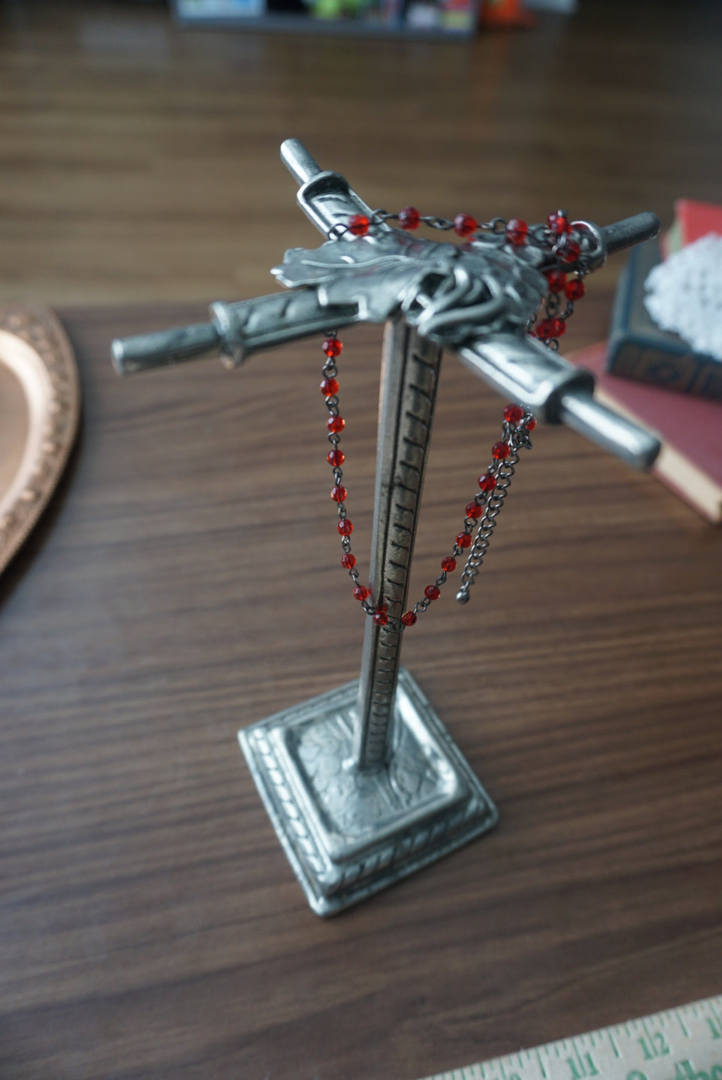 Stylish Dark Gothic Academia Rosary Style with BLACK BRASS and red Beads; Romance/Mystery Necklace