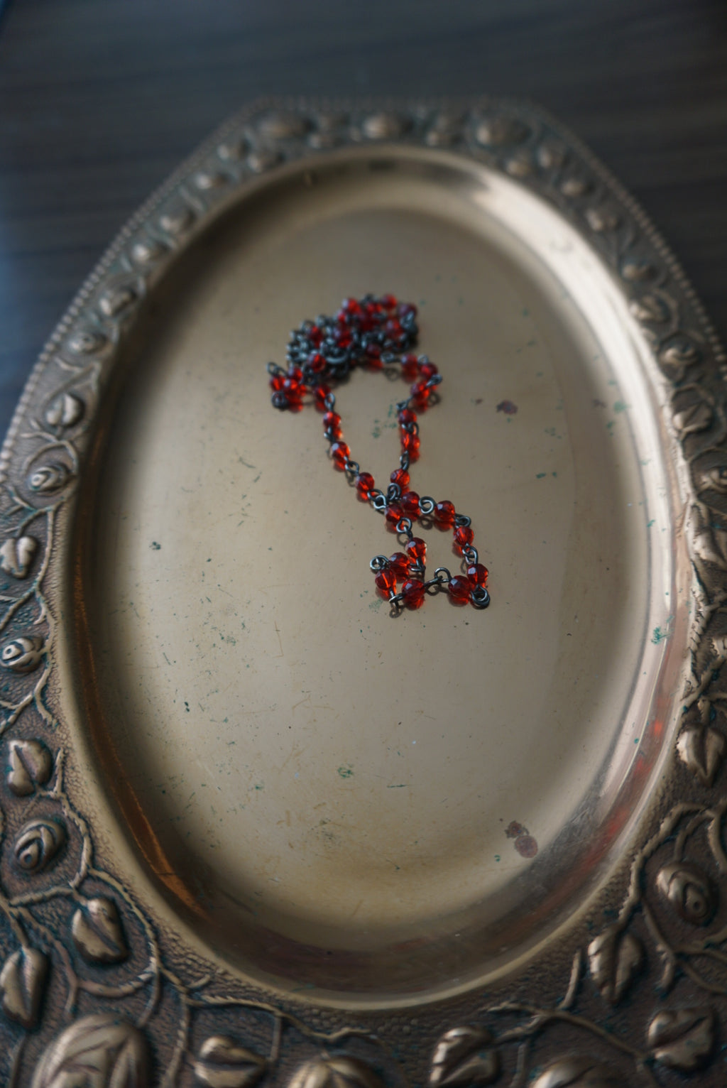 Stylish Dark Gothic Academia Rosary Style with BLACK BRASS and red Beads; Romance/Mystery Necklace