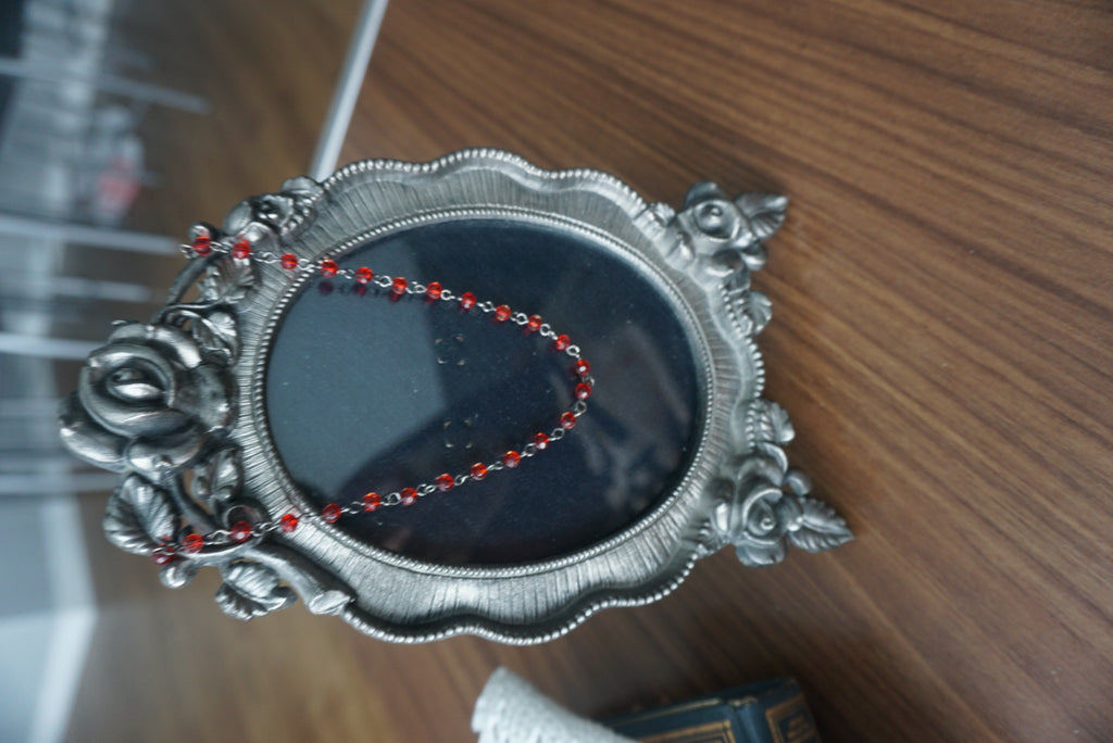 Stylish Dark Gothic Academia Rosary Style with BLACK BRASS and red Beads; Romance/Mystery Necklace