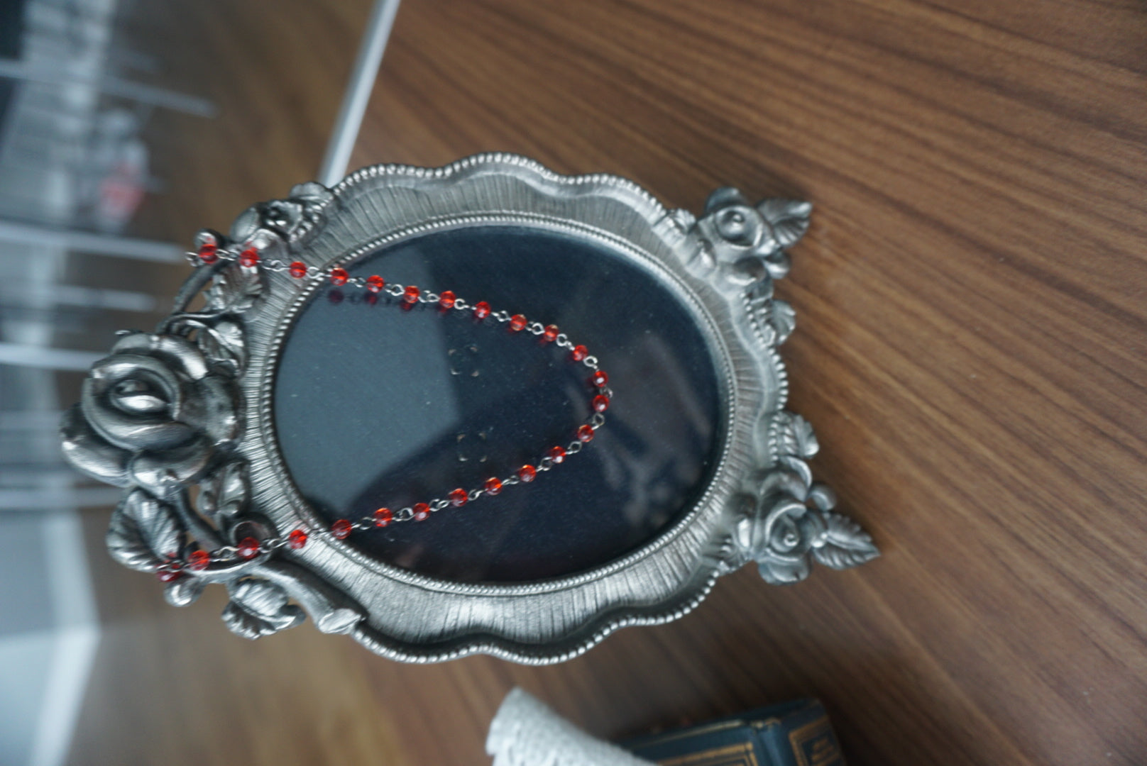 Stylish Dark Gothic Academia Rosary Style with BLACK BRASS and red Beads; Romance/Mystery Necklace