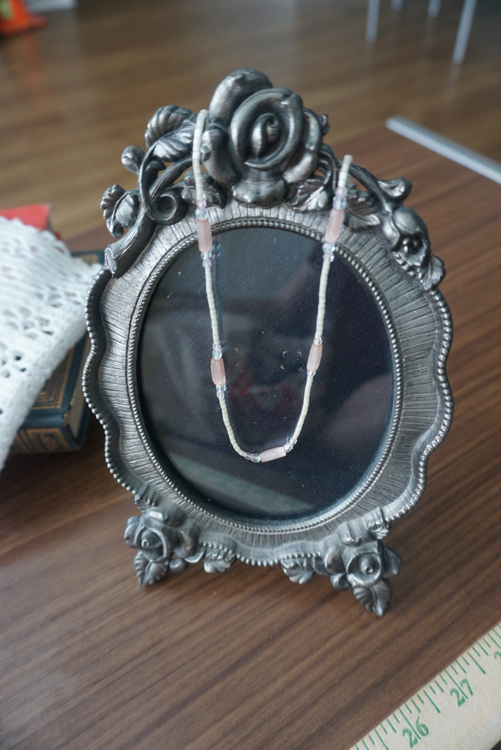 Beaded Necklace with Clear and Pink Glass Beads