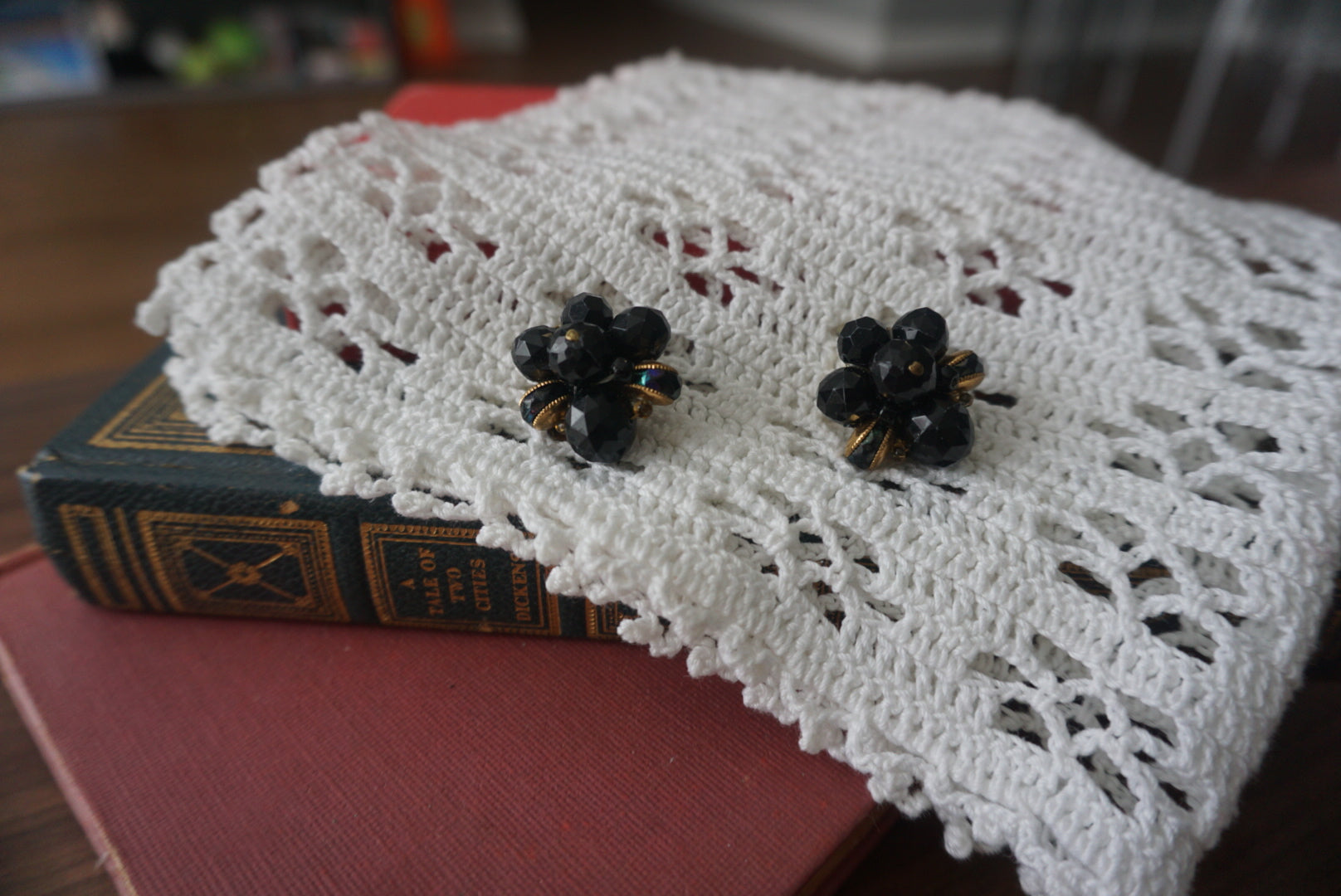 Vintage Black Floral Clip-On Earrings
