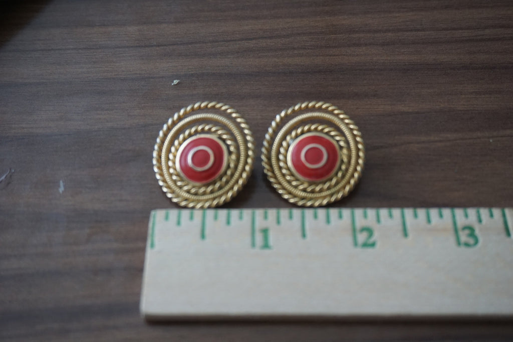 Vintage Gold and Red Circular Clip-On Earrings