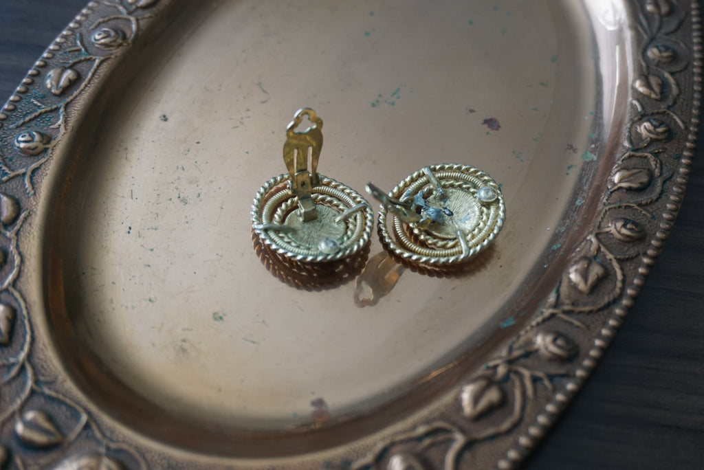 Vintage Gold and Red Circular Clip-On Earrings