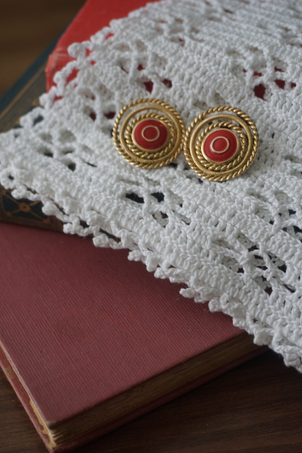 Vintage Gold and Red Circular Clip-On Earrings