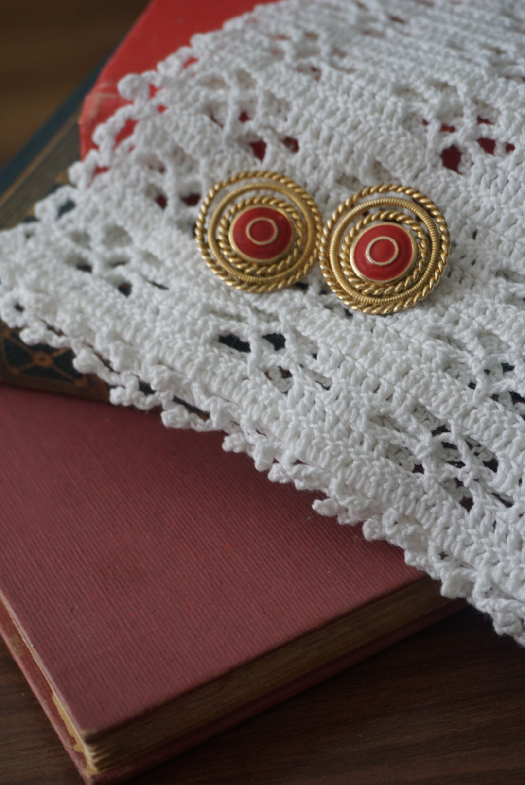 Vintage Gold and Red Circular Clip-On Earrings