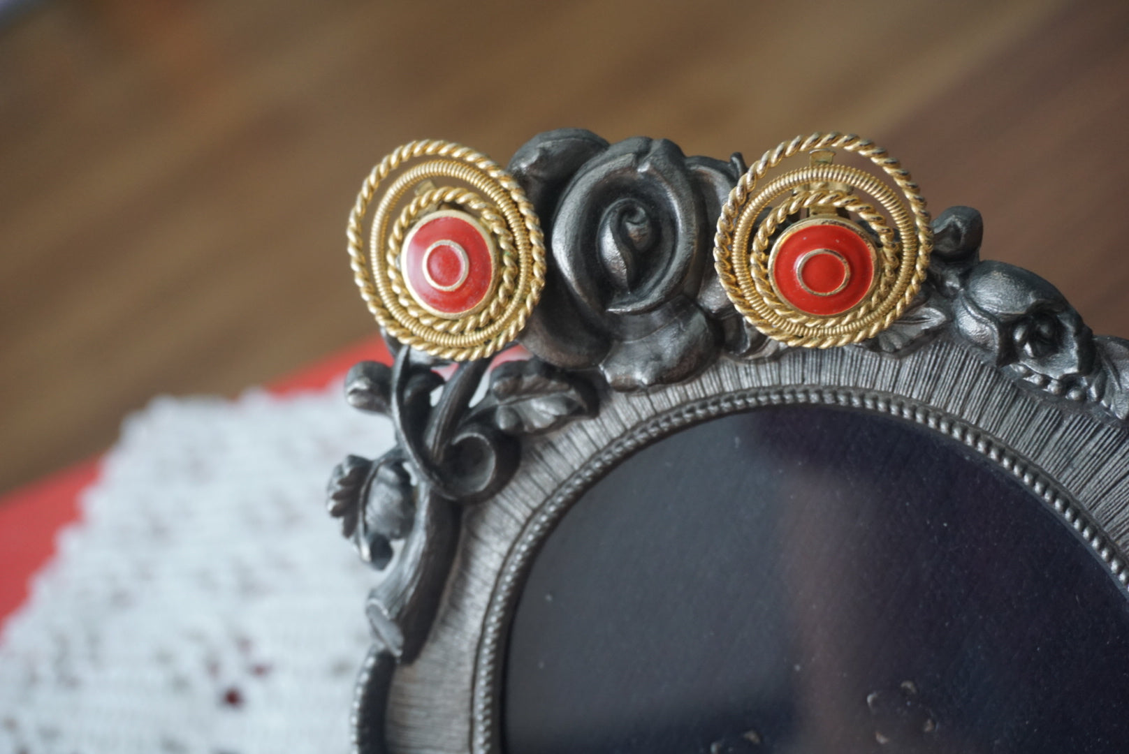 Vintage Gold and Red Circular Clip-On Earrings