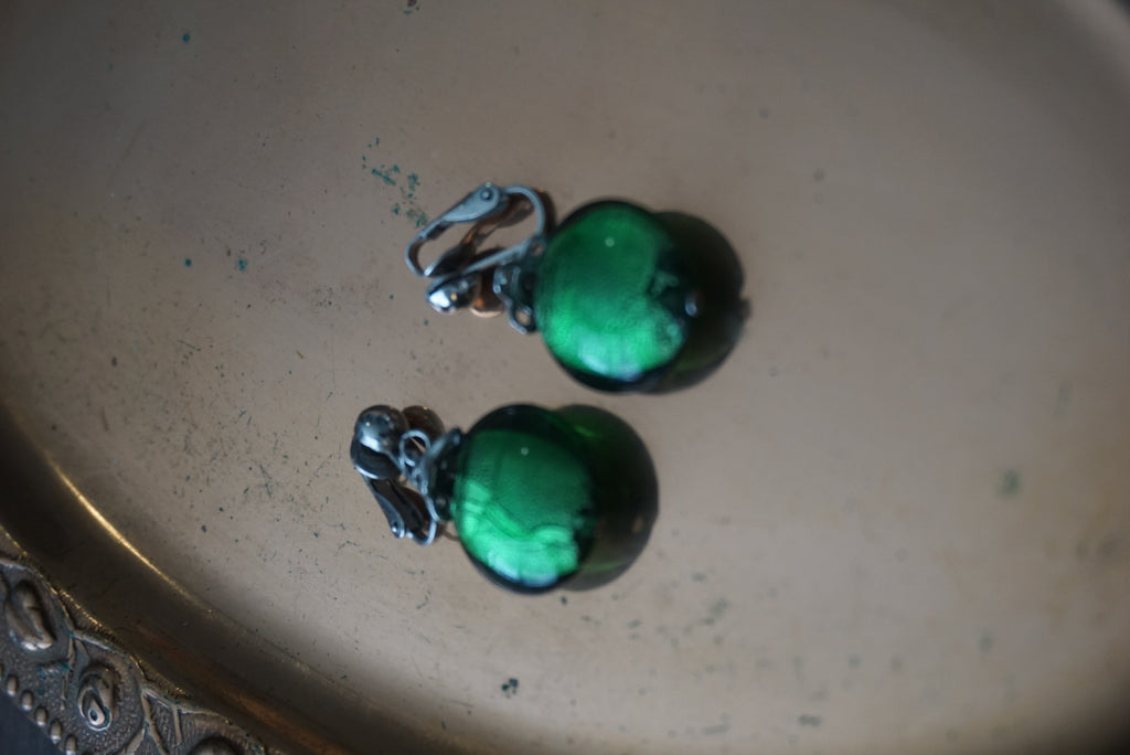 Green Glass Clip-On Earrings