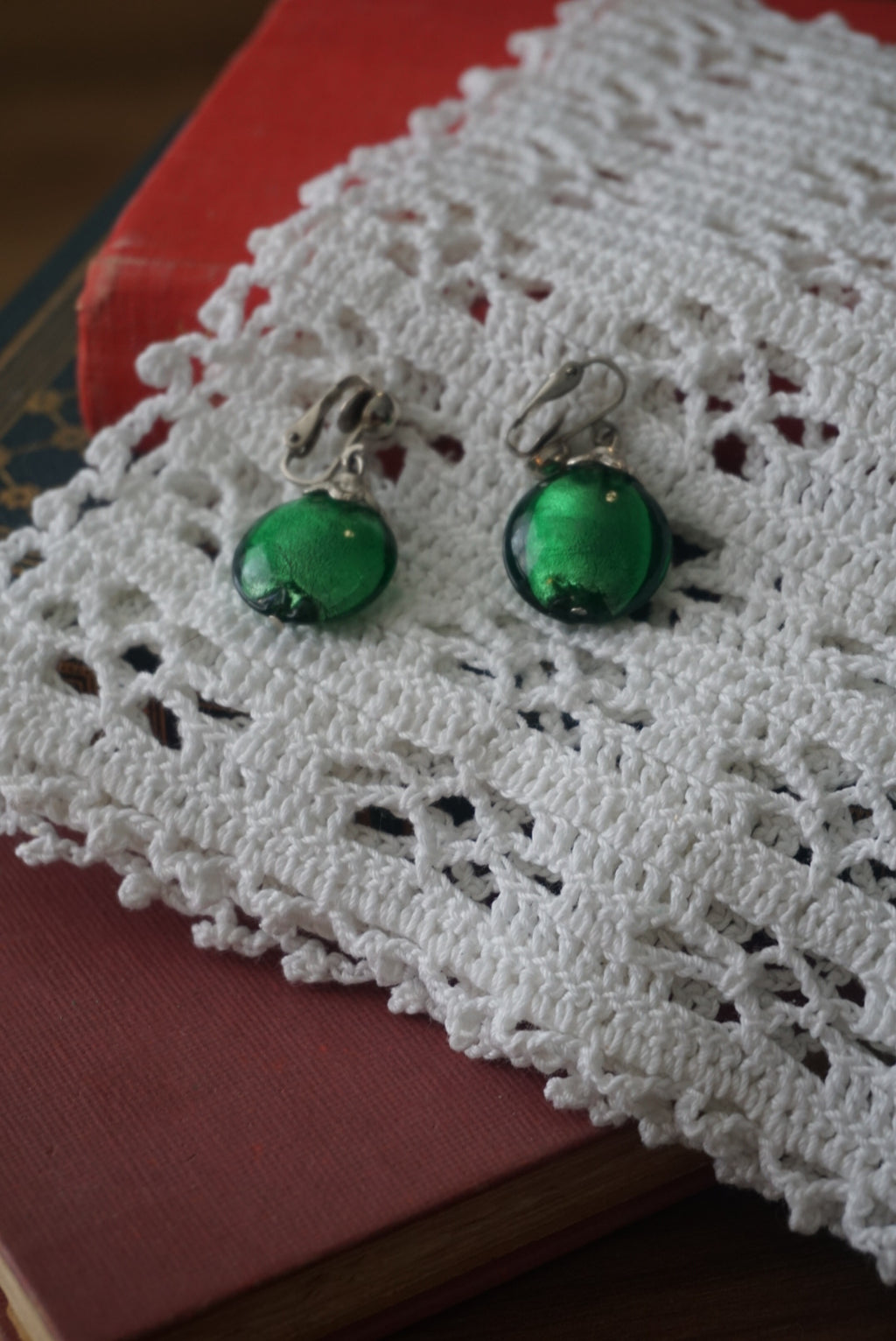 Green Glass Clip-On Earrings