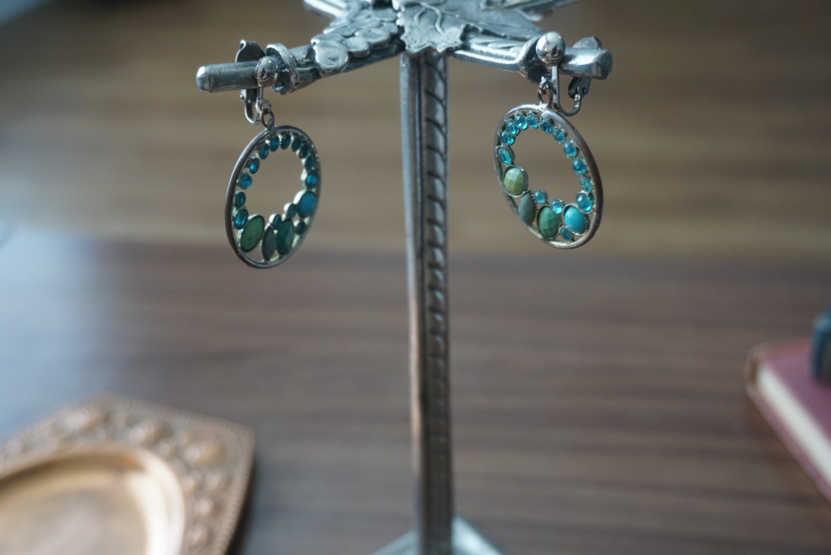 Vintage Blue Stone Drop Hoop Earrings