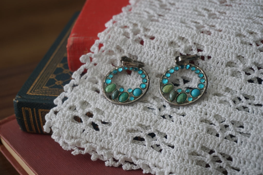 Vintage Blue Stone Drop Hoop Earrings