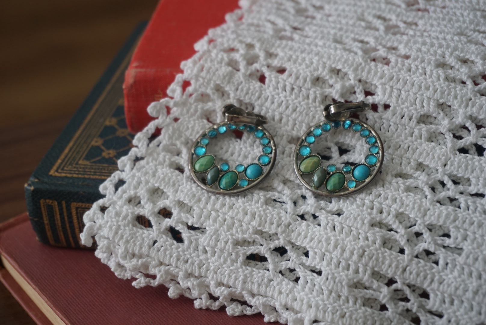 Vintage Blue Stone Drop Hoop Earrings