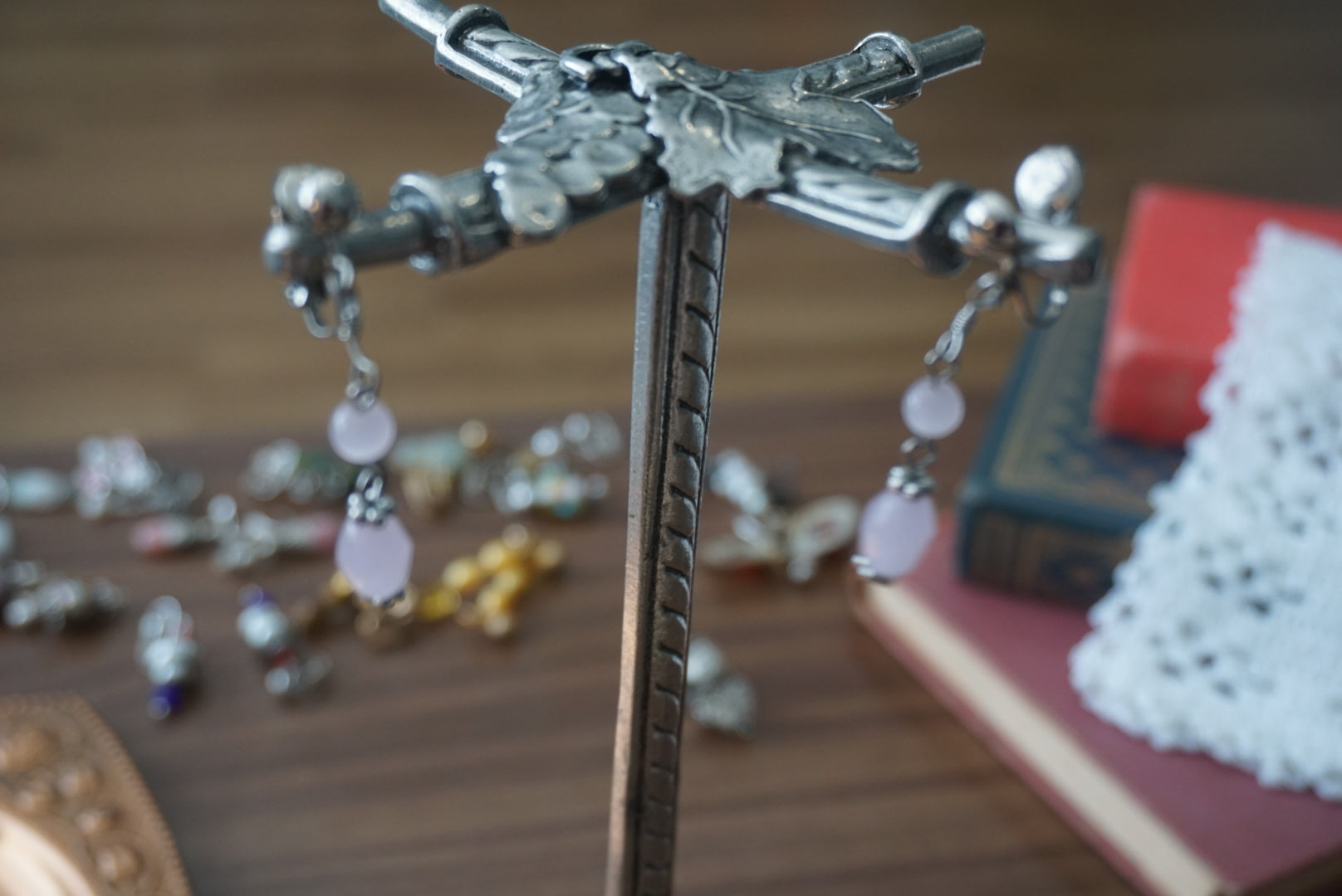 Silver Dangle Earrings with Pink Beads