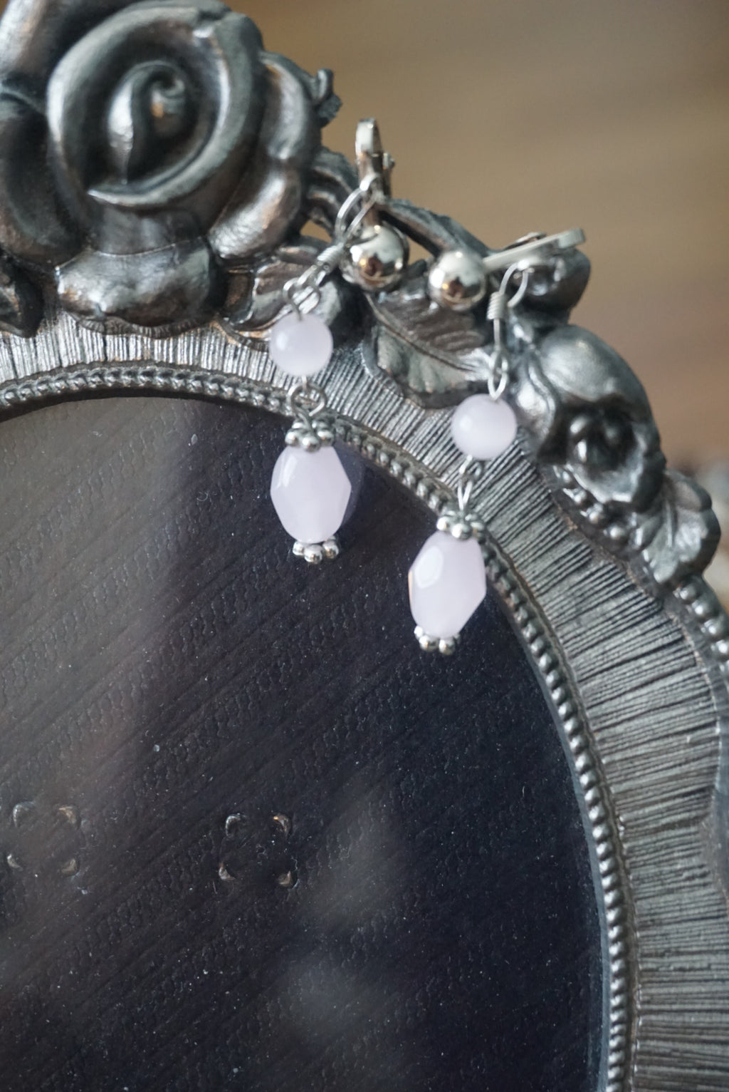 Silver Dangle Earrings with Pink Beads