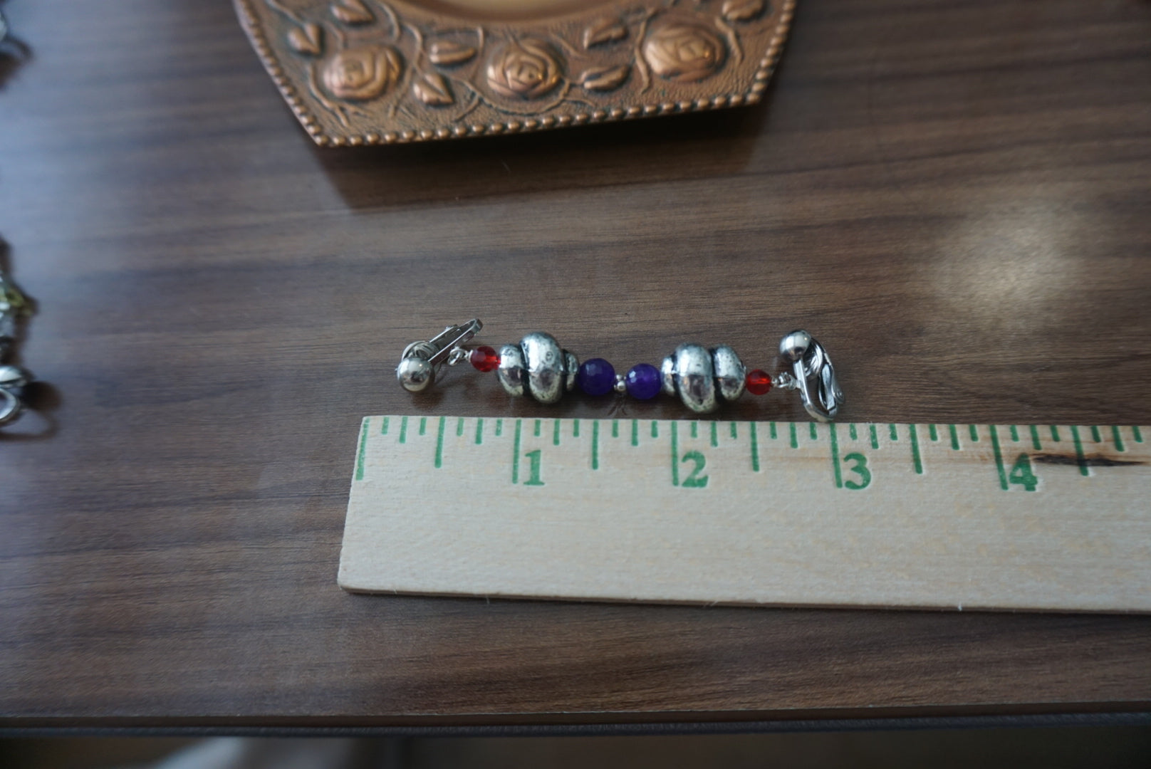 Colorful Vintage Clip-On Earrings with Red and Purple Beads