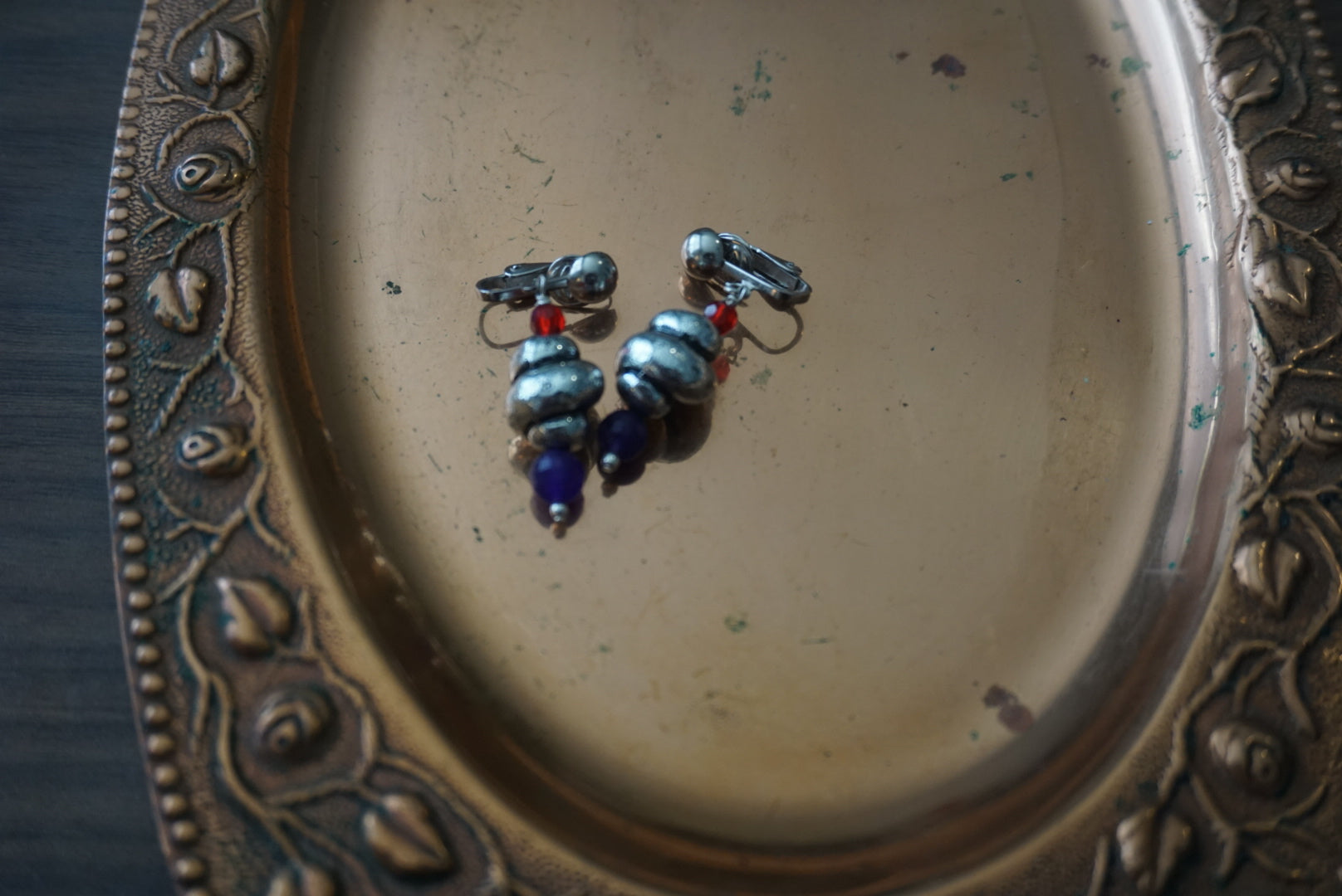 Colorful Vintage Clip-On Earrings with Red and Purple Beads
