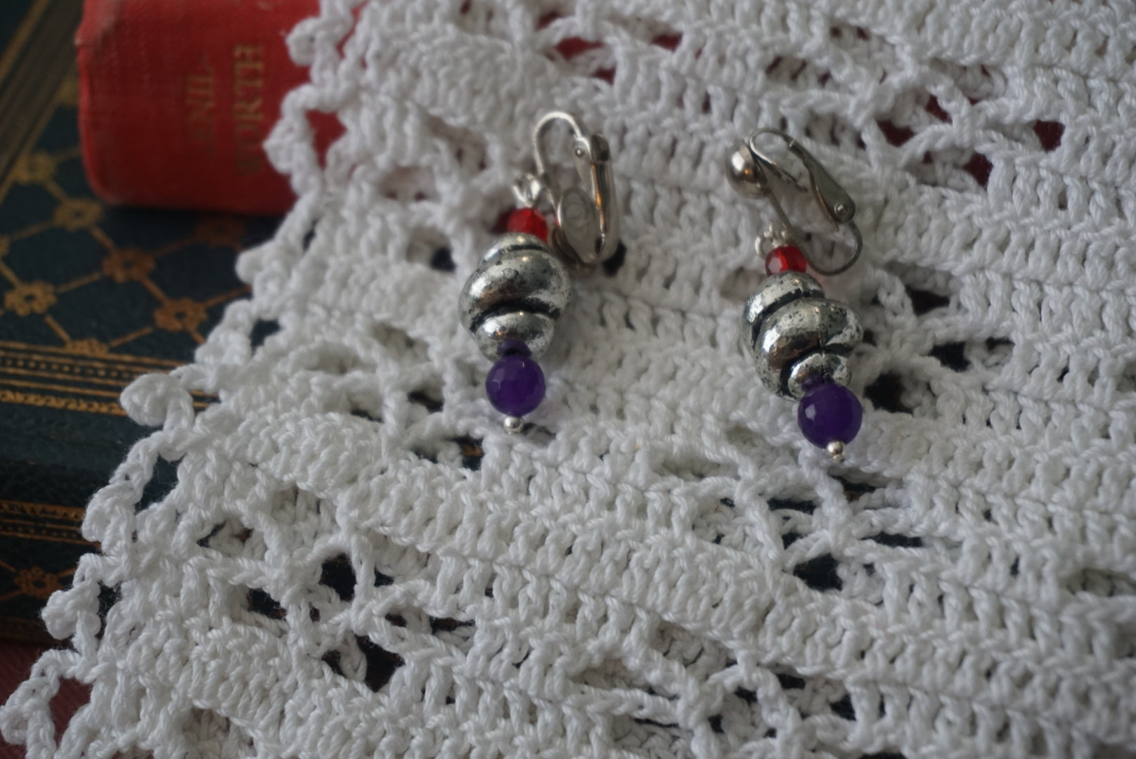Colorful Vintage Clip-On Earrings with Red and Purple Beads