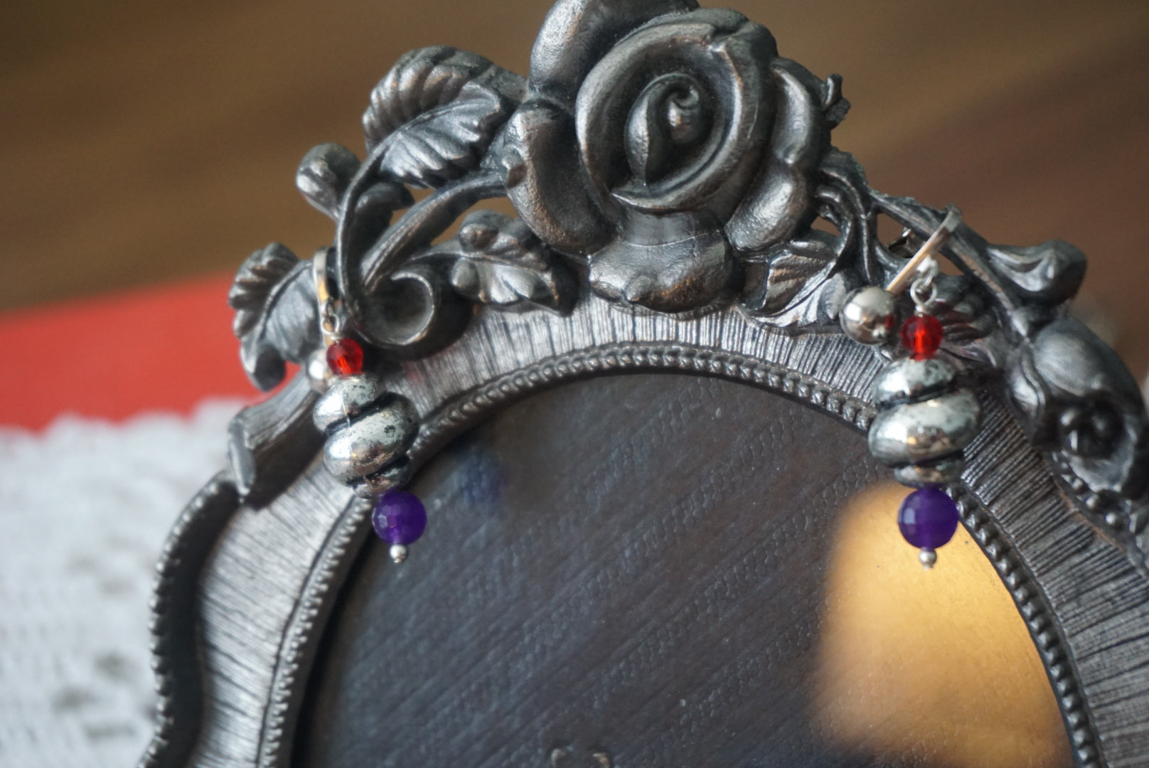 Colorful Vintage Clip-On Earrings with Red and Purple Beads